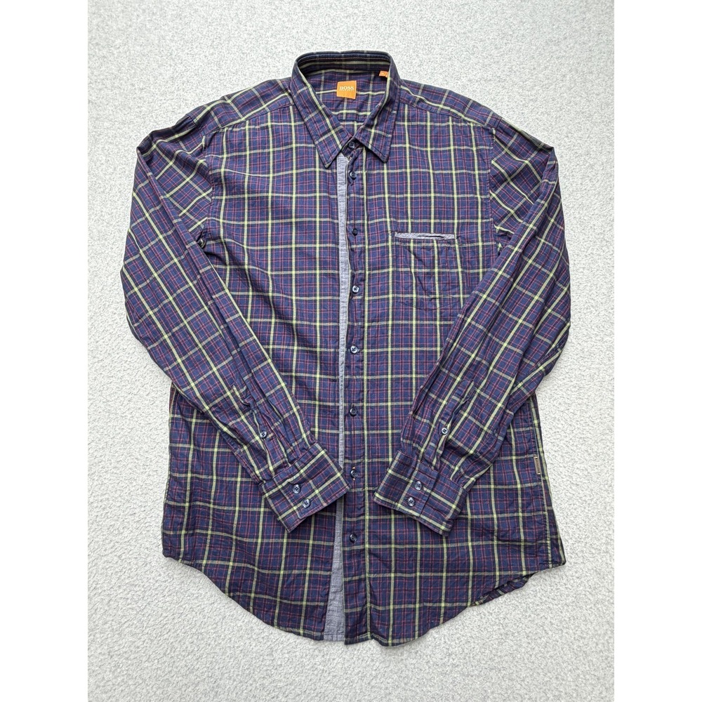 Boss Orange Shirt Mens XL Blue Plaid Long Sleeve Button Front Cotton Casual